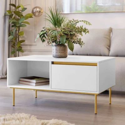 VÝPRODEJ - Konferenční stolek RAWIK - zlatý / bílý