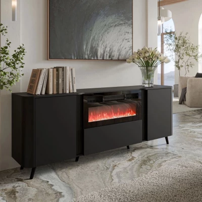 VÝPRODEJ - Komoda s dvířky s elektrickým krbem KLEMEK - černá