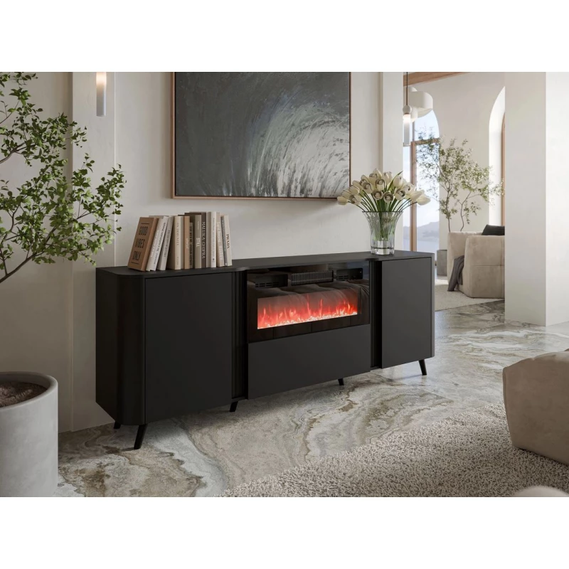 VÝPRODEJ - Komoda s dvířky s elektrickým krbem KLEMEK - černá