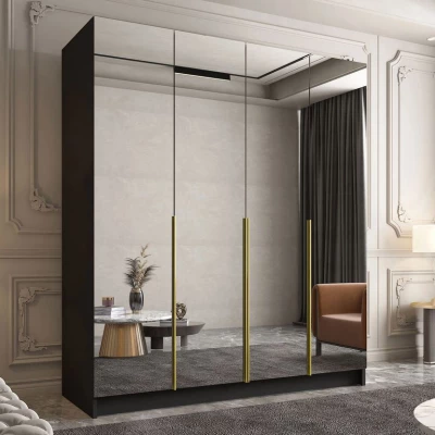 VÝPRODEJ - Vysoká šatní skříň 200 cm se zrcadlem TOSIA 3 - černá / zlatá