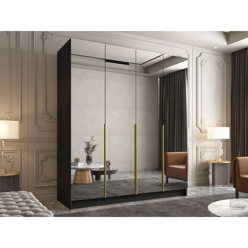 VÝPRODEJ - Vysoká šatní skříň 200 cm se zrcadlem TOSIA 3 - černá / zlatá