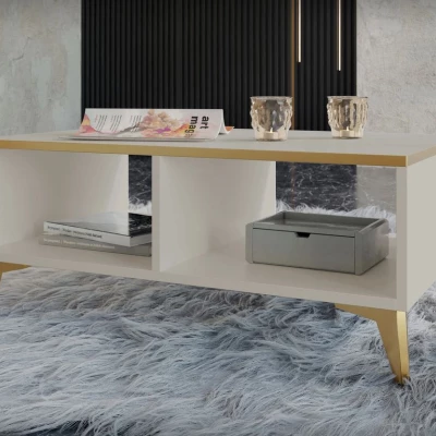 VÝPRODEJ - Konferenční stolek do obýváku LIVA - lesklý béžový / béžový / zlatý