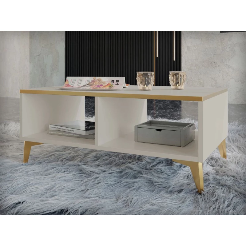 VÝPRODEJ - Konferenční stolek do obýváku LIVA - lesklý béžový / béžový / zlatý