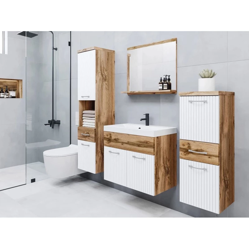 VÝPRODEJ - Koupelnová sestava s umyvadlem WINNA - dub wotan / bílá + sifon ZDARMA