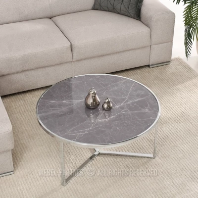 VÝPRODEJ - Kulatý konferenční stolek GEOMAR - šedý mramor / chrom