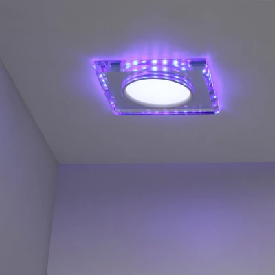 LED stropní zápustné světlo HARRIMAN - 8W, 6500K (studená bílá) + modré světlo, hranaté, čiré