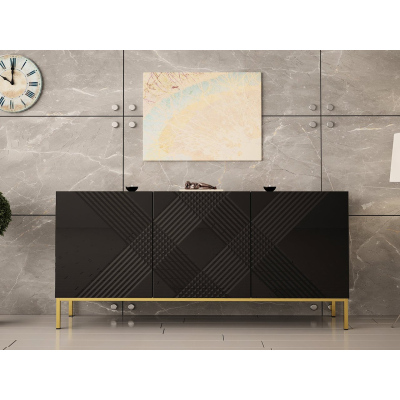 VÝPRODEJ - Designová komoda s dvířky HUNE - černá / lesklá černá