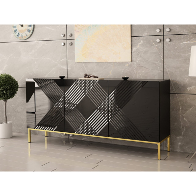 VÝPRODEJ - Designová komoda s dvířky HUNE - černá / lesklá černá