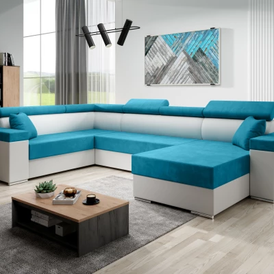 Rozkládací sedací souprava do U LEXIA - bílá / modrá, levý roh