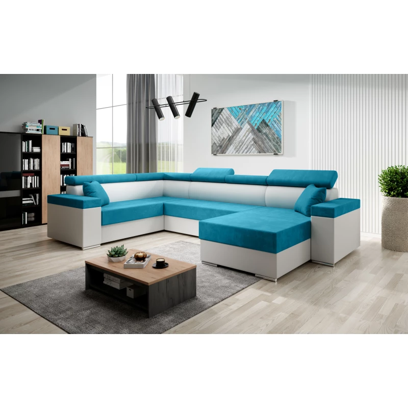 Rozkládací sedací souprava do U LEXIA - bílá / modrá, levý roh