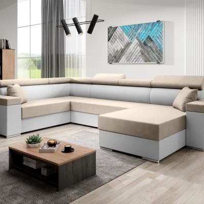 Rozkládací sedací souprava do U LEXIA - bílá / béžová, levý roh