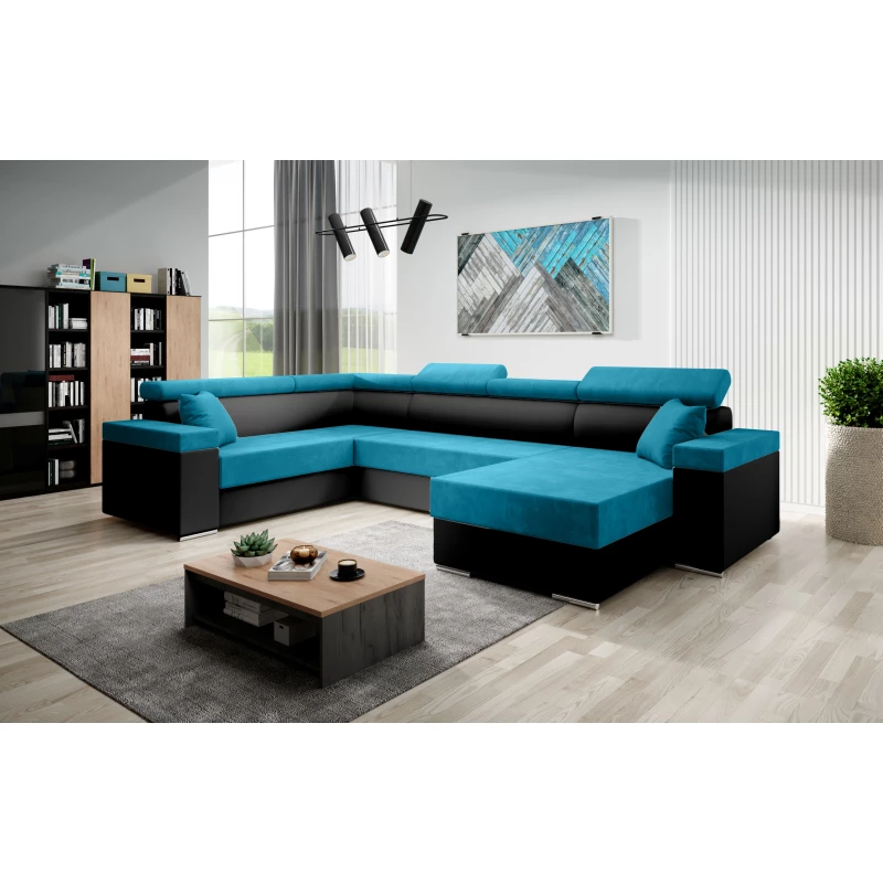 Rozkládací sedací souprava do U LEXIA - černá / modrá, levý roh