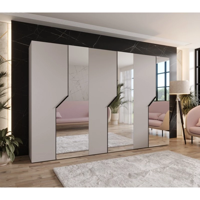 Široká zrcadlová skříň 300 cm ELIRA 2 - kašmír / černé úchyty