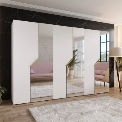 Široká zrcadlová skříň 300 cm ELIRA 2 - bílá / zlaté úchyty