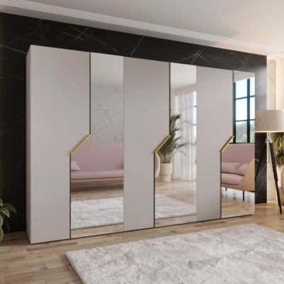 Široká zrcadlová skříň 300 cm ELIRA 2 - kašmír / zlaté úchyty