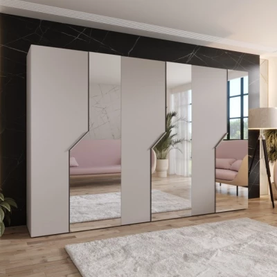 Široká zrcadlová skříň 300 cm ELIRA 2 - kašmír / kašmírové úchyty