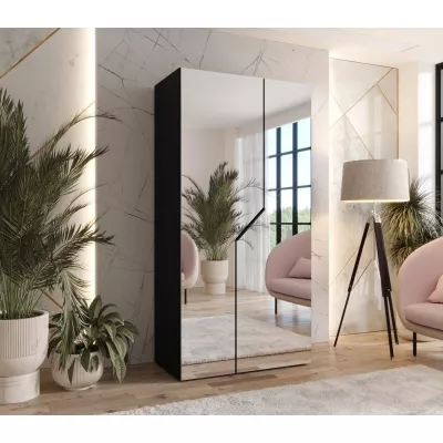 Šatní skříň 100 cm ELIRA 3 se zrcadlem - černá / černý úchyt