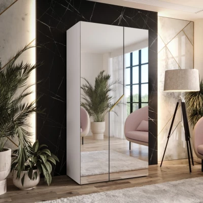 Šatní skříň 100 cm ELIRA 3 se zrcadlem - bílá / zlatý úchyt