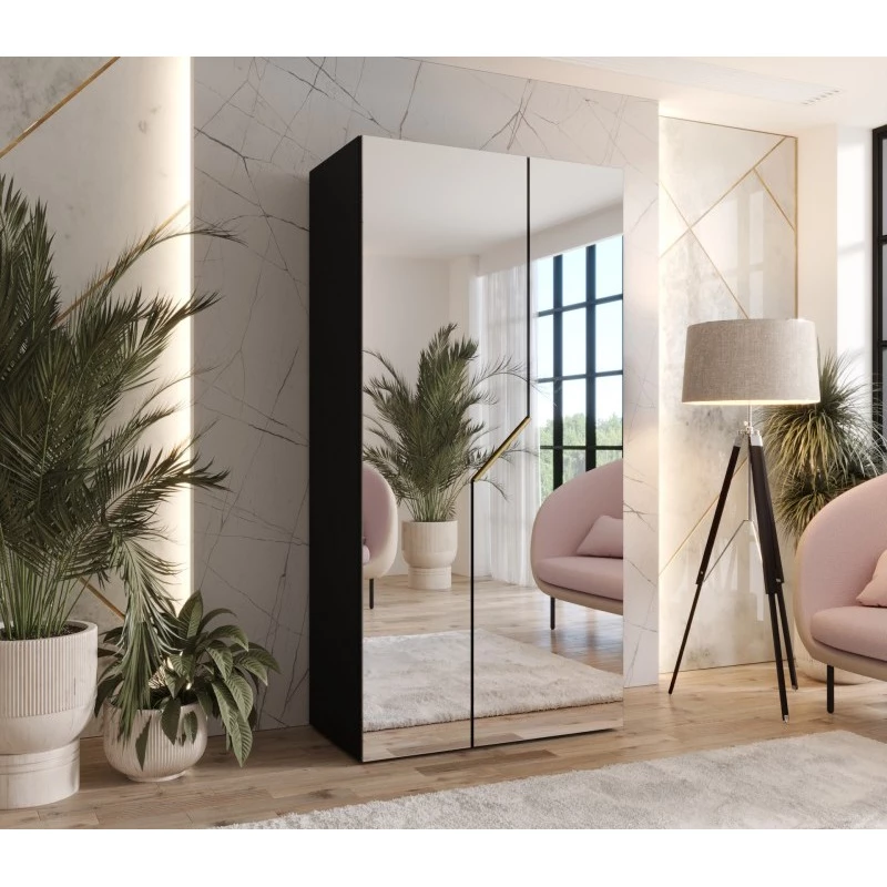 Šatní skříň 100 cm ELIRA 3 se zrcadlem - černá / zlatý úchyt