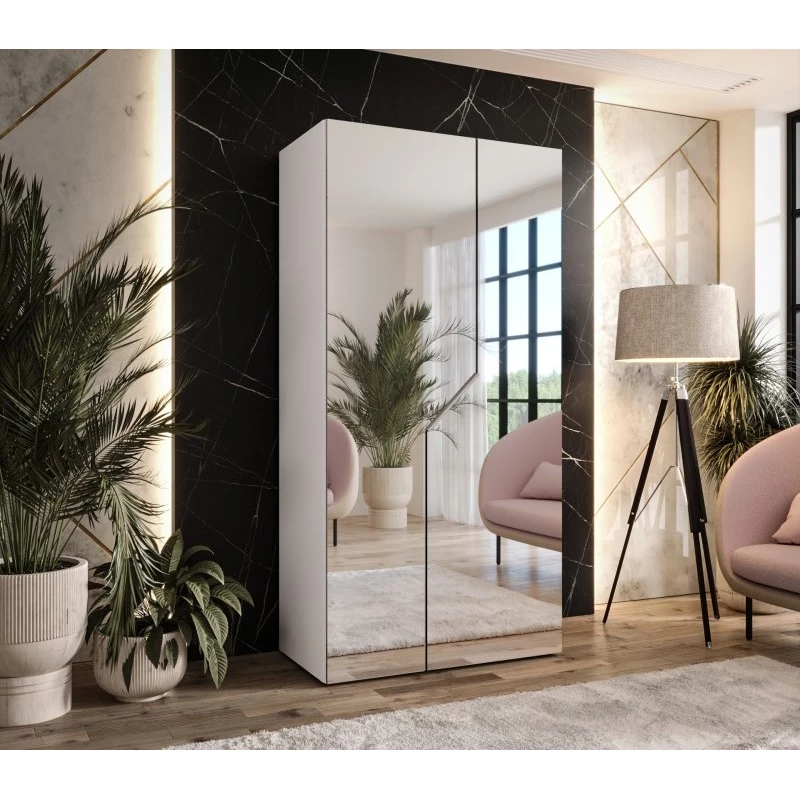 Šatní skříň 100 cm ELIRA 3 se zrcadlem - bílá / kašmírový úchyt