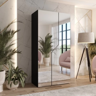 Šatní skříň 100 cm ELIRA 3 se zrcadlem - černá / kašmírový úchyt