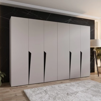 Šestidveřová šatní skříň 300 cm SORAYA 1 - kašmír / černé úchyty