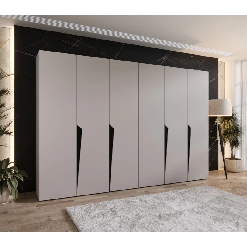 Šestidveřová šatní skříň 300 cm SORAYA 1 - kašmír / černé úchyty