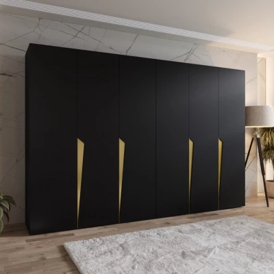 Šestidveřová šatní skříň 300 cm SORAYA 1 - černá / zlaté úchyty