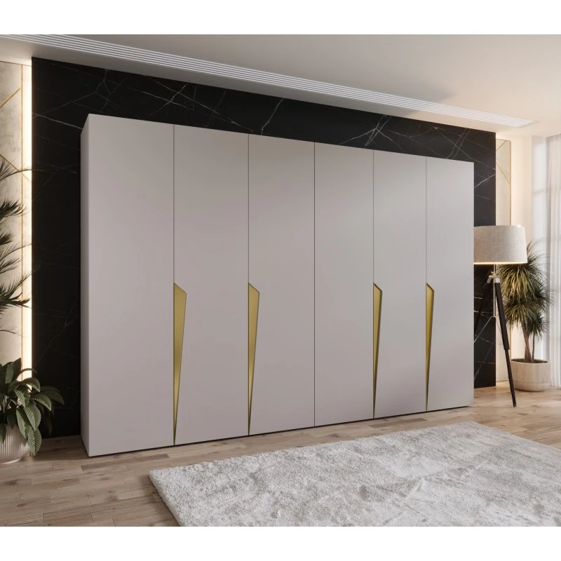 Šestidveřová šatní skříň 300 cm SORAYA 1 - kašmír / zlaté úchyty