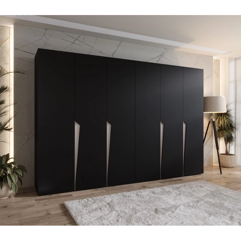 Šestidveřová šatní skříň 300 cm SORAYA 1 - černá / kašmírové úchyty
