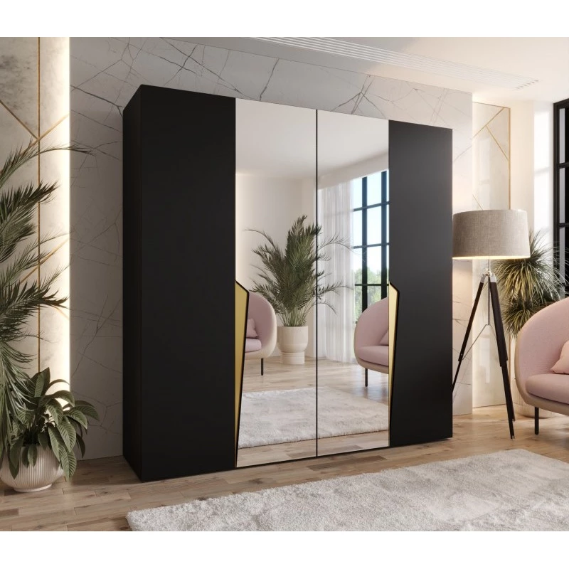 Čtyřdveřová šatní skříň 200 cm SORAYA 2 - černá / zlaté úchyty