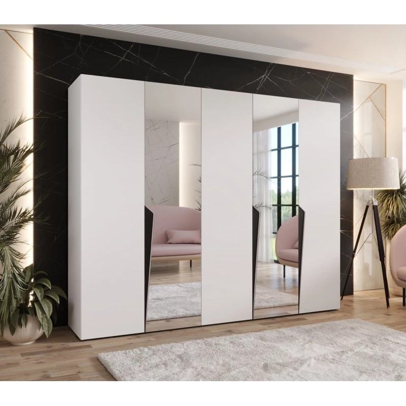 Široká šatní skříň 250 cm SORAYA 2 se zrcadlem - bílá / černé úchyty