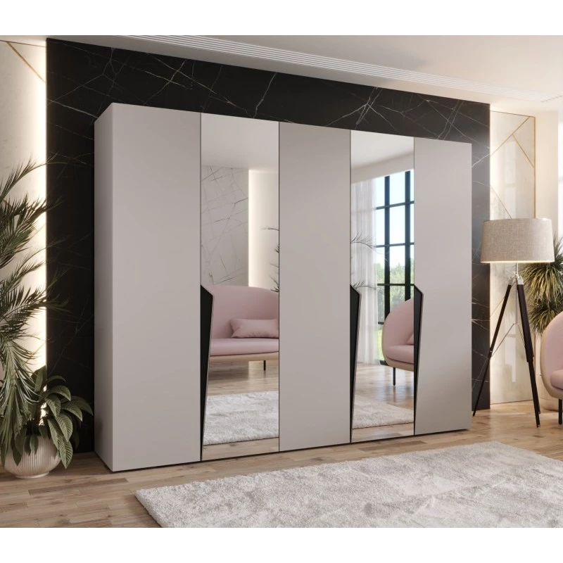 Široká šatní skříň 250 cm SORAYA 2 se zrcadlem - kašmír / černé úchyty