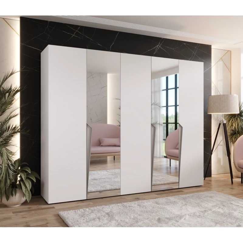 Široká šatní skříň 250 cm SORAYA 2 se zrcadlem - bílá / kašmírové úchyty