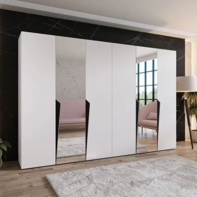 Zrcadlová šatní skříň 300 cm SORAYA 2 - bílá / černé úchyty