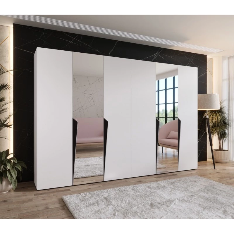 Zrcadlová šatní skříň 300 cm SORAYA 2 - bílá / černé úchyty