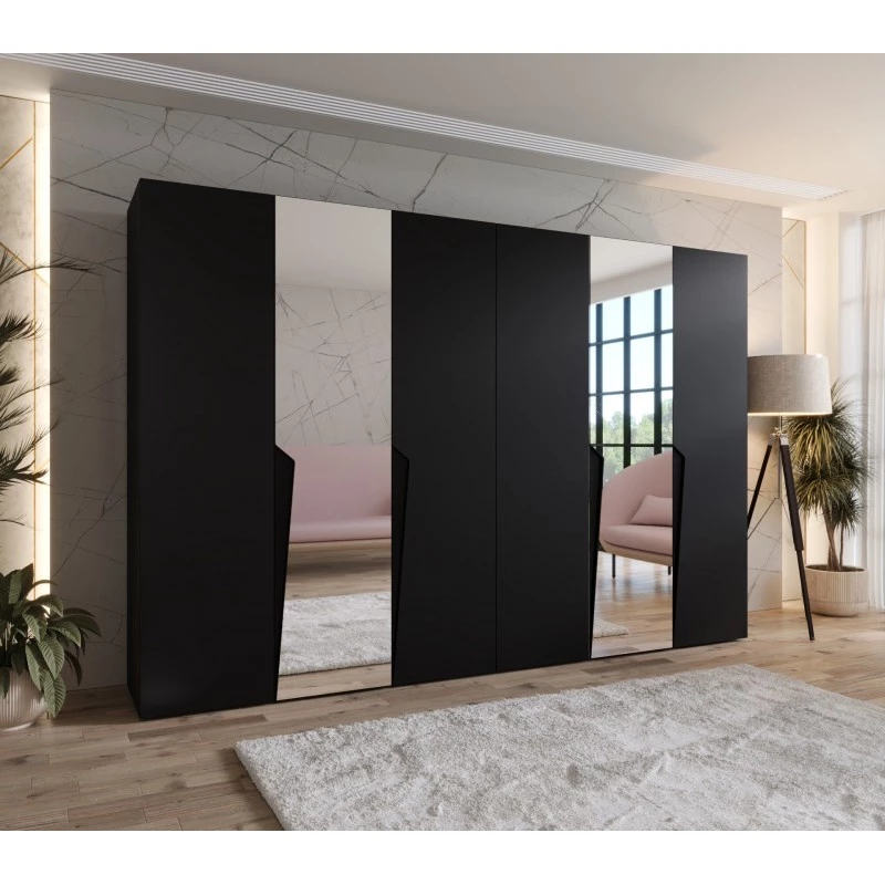 Zrcadlová šatní skříň 300 cm SORAYA 2 - černá / černé úchyty