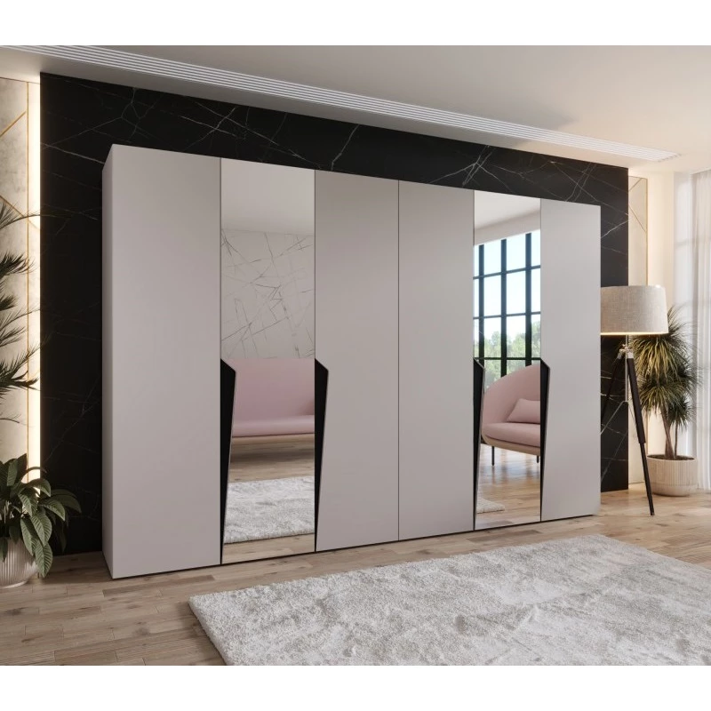 Zrcadlová šatní skříň 300 cm SORAYA 2 - kašmír / černé úchyty