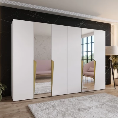 Zrcadlová šatní skříň 300 cm SORAYA 2 - bílá / zlaté úchyty