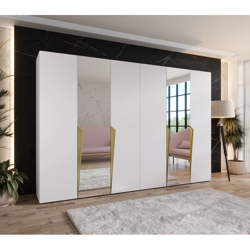 Zrcadlová šatní skříň 300 cm SORAYA 2 - bílá / zlaté úchyty