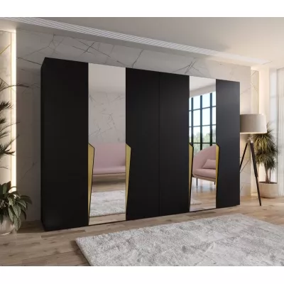 Zrcadlová šatní skříň 300 cm SORAYA 2 - černá / zlaté úchyty