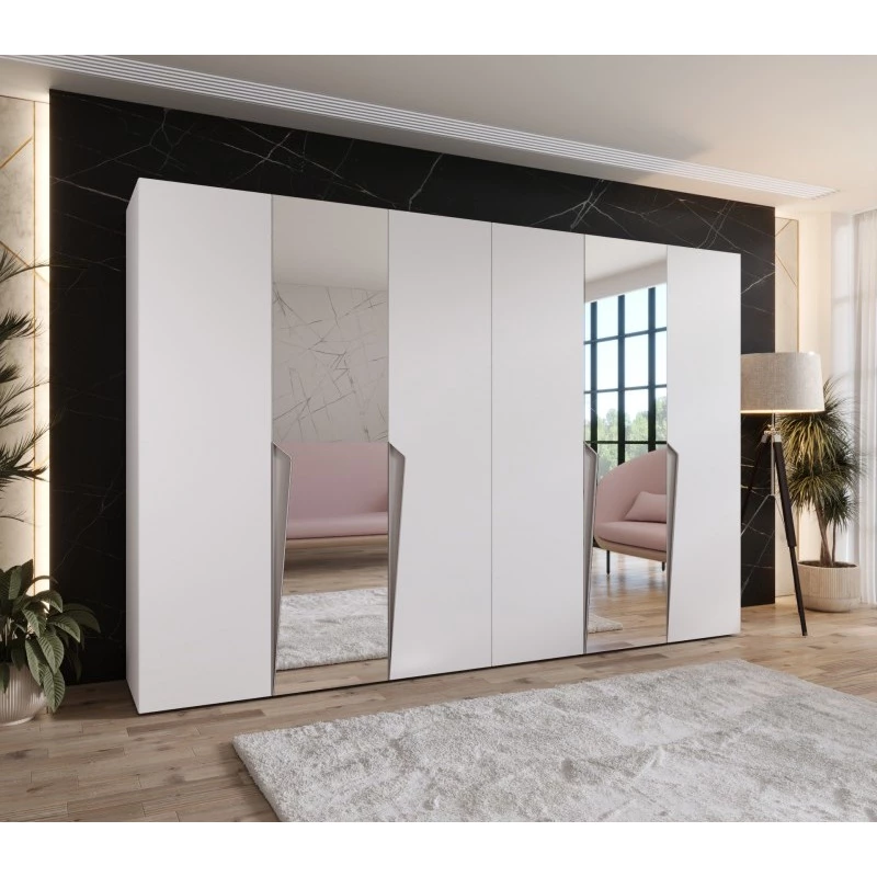 Zrcadlová šatní skříň 300 cm SORAYA 2 - bílá / kašmírové úchyty