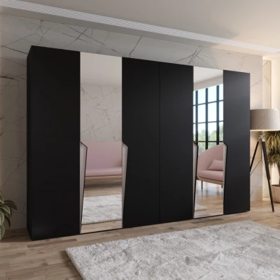 Zrcadlová šatní skříň 300 cm SORAYA 2 - černá / kašmírové úchyty