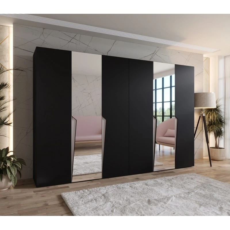 Zrcadlová šatní skříň 300 cm SORAYA 2 - černá / kašmírové úchyty