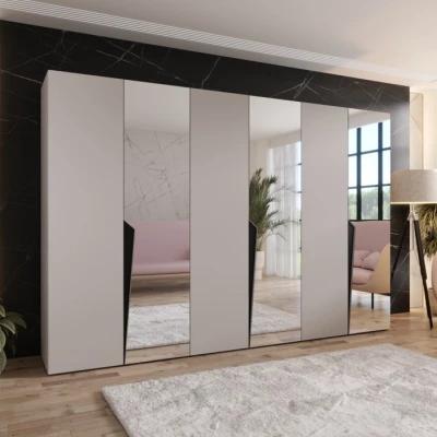 Velká zrcadlová šatní skříň 300 cm SORAYA 2 - kašmír / černé úchyty