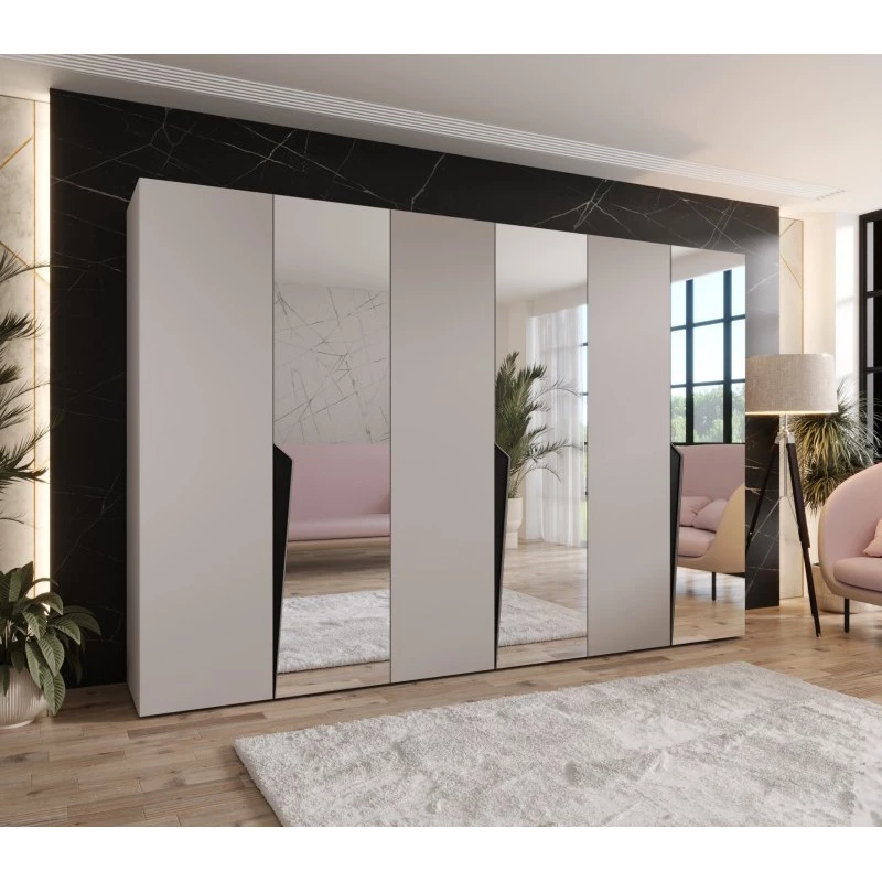 Velká zrcadlová šatní skříň 300 cm SORAYA 2 - kašmír / černé úchyty