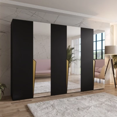 Velká zrcadlová šatní skříň 300 cm SORAYA 2 - černá / zlaté úchyty