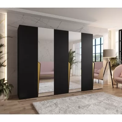 Velká zrcadlová šatní skříň 300 cm SORAYA 2 - černá / zlaté úchyty