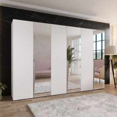 Velká zrcadlová šatní skříň 300 cm SORAYA 2 - bílá / kašmírové úchyty
