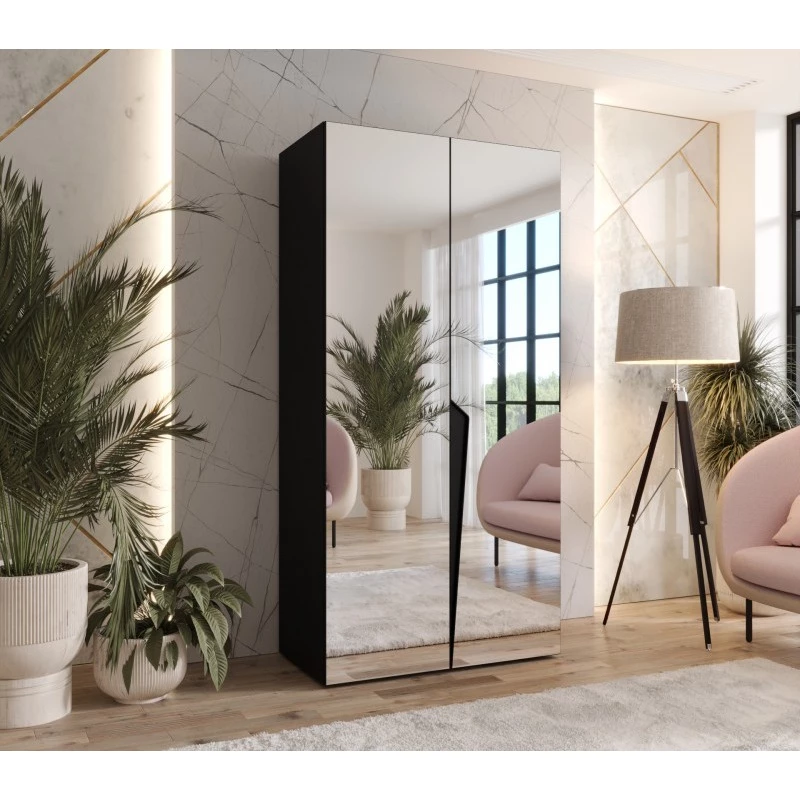 Zrcadlová šatní skříň 100 cm SORAYA 3 - černá / černý úchyt